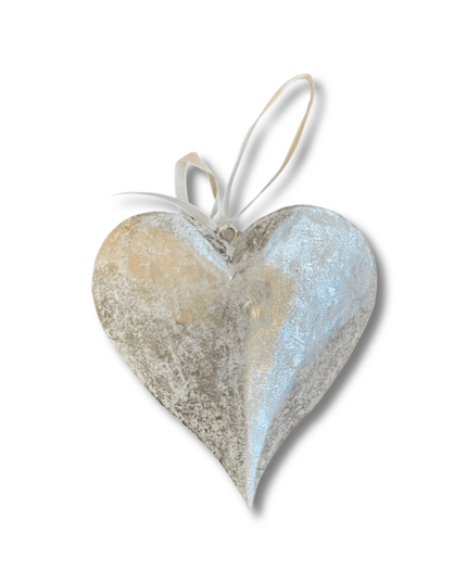 Silver Wood Carved Heart Christmas Tree Ornament