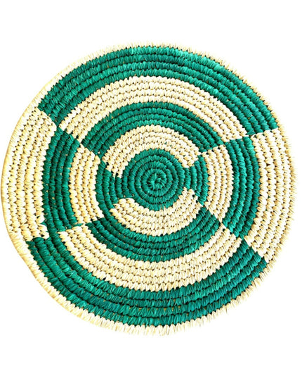 Handwoven Green Sabai Grass Round Placemat with Geometric Pattern