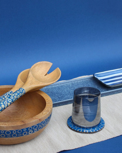 Blue White Striped Sushi Plate Serving Platter Water Glass Bamboo Wood Salad Bowl and Server