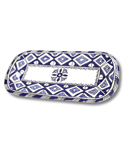 Handpainted Ceramic Blue White Geometric Serving Platter