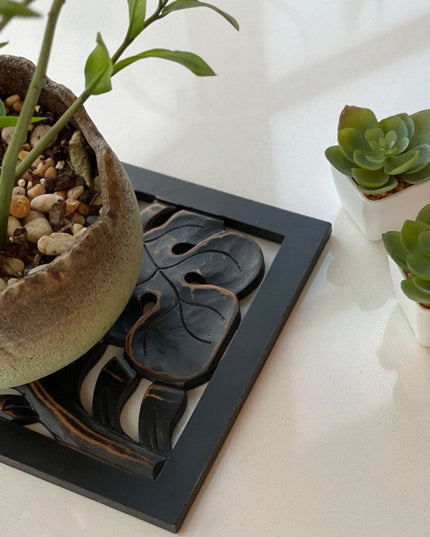 Black Carved Wood Trivet Hot Plate