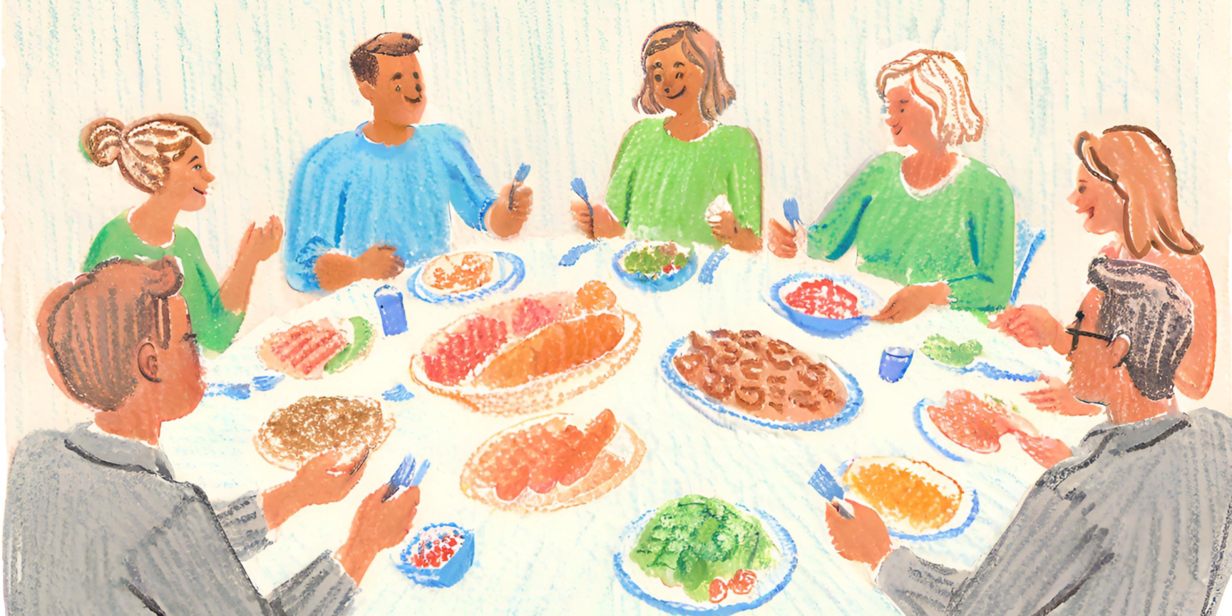 People Sitting Around a Table Eating Food