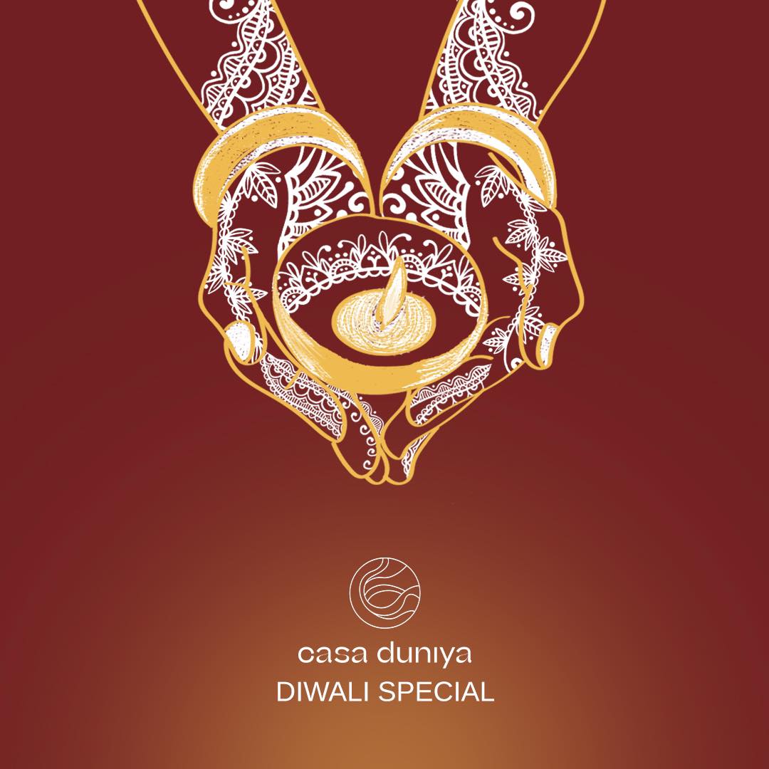 Red Background with Line Art Henna Covered Hands Carrying a Diya Candle