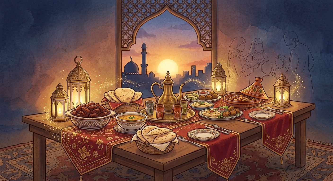 Illustration of a set Iftar table at sunset during Ramadan