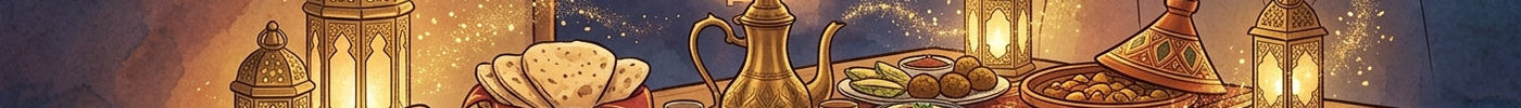 Illustration of a set Iftar table at sunset during Ramadan