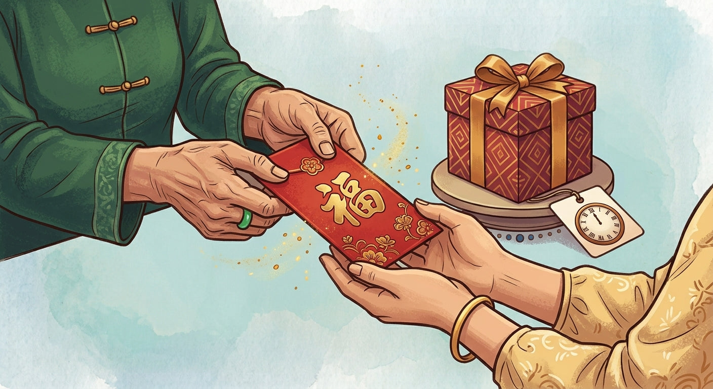 Illustration of red lai see envelopes being given during Chinese New Year