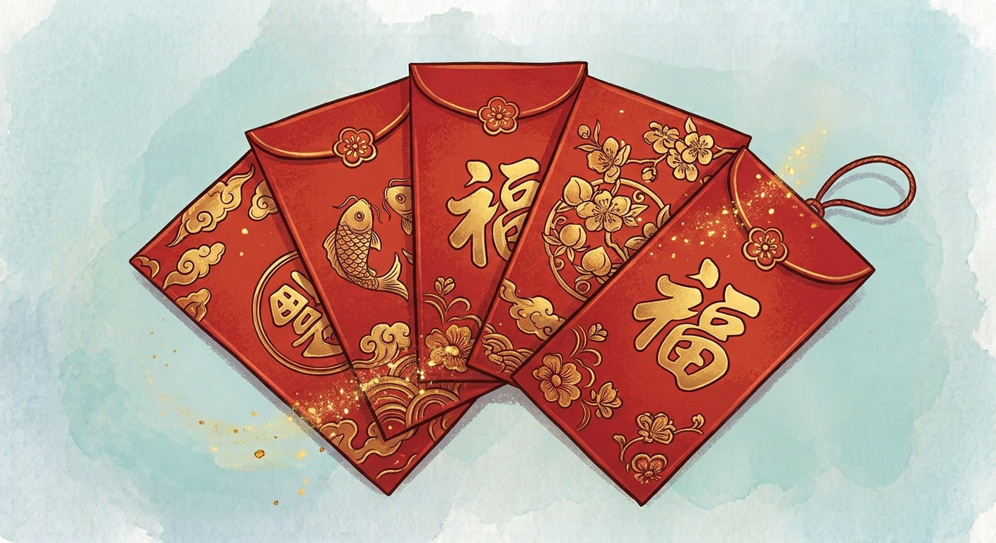 Illustration of a family gathering exchanging lai see red envelopes across generations