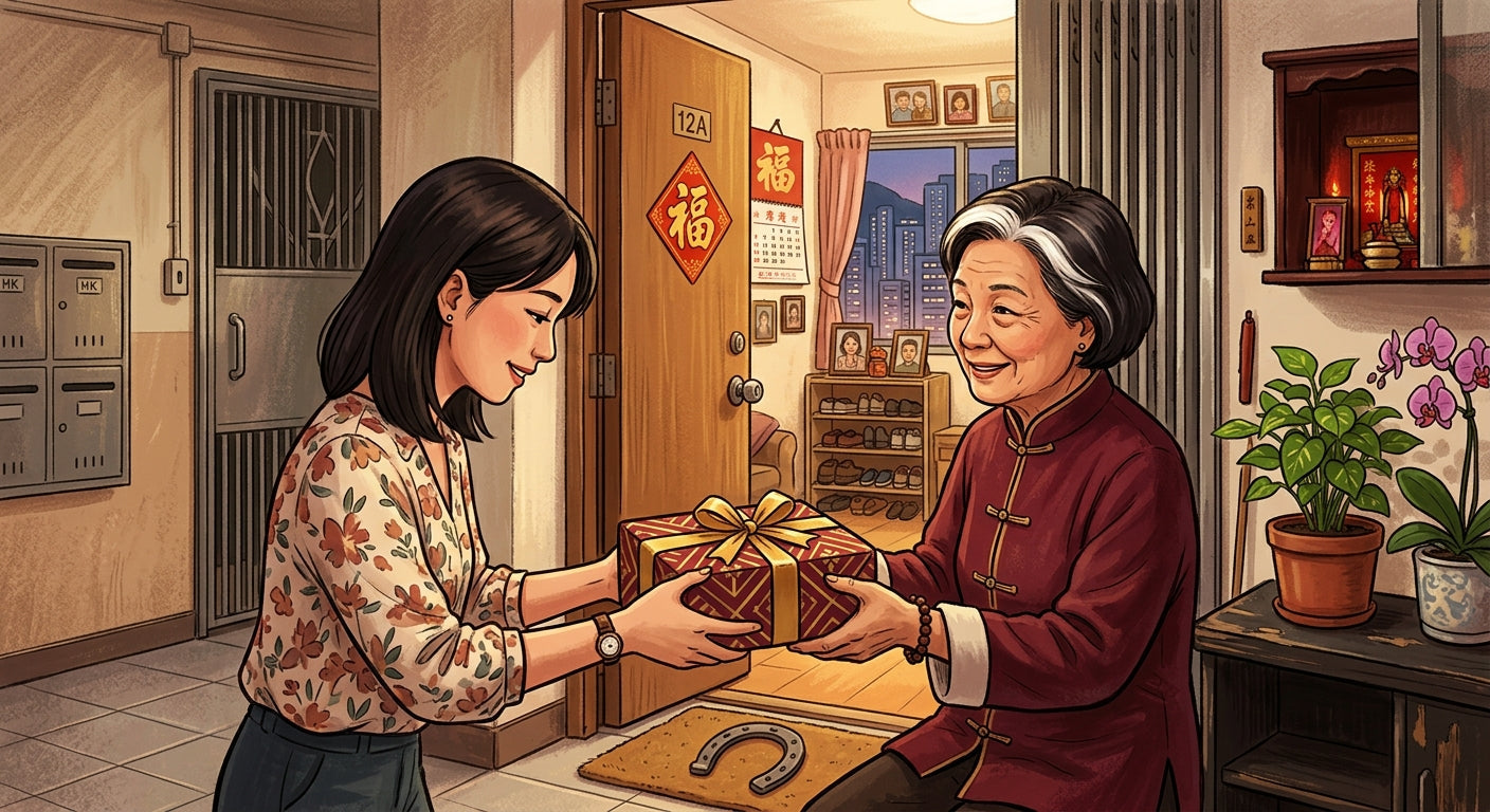 Illustration of a gift being handed over with both hands in a Hong Kong home