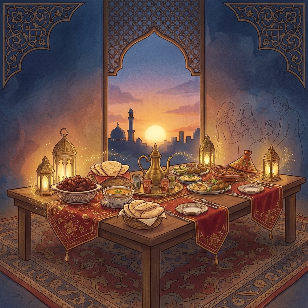 Ramadan Iftar table setting illustration with artisan decor