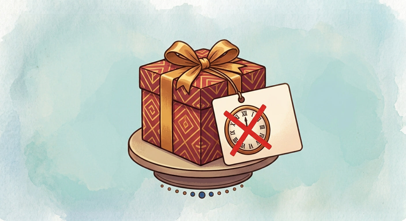 Illustration of a wrapped gift with a clock symbol crossed out, a Hong Kong gifting taboo