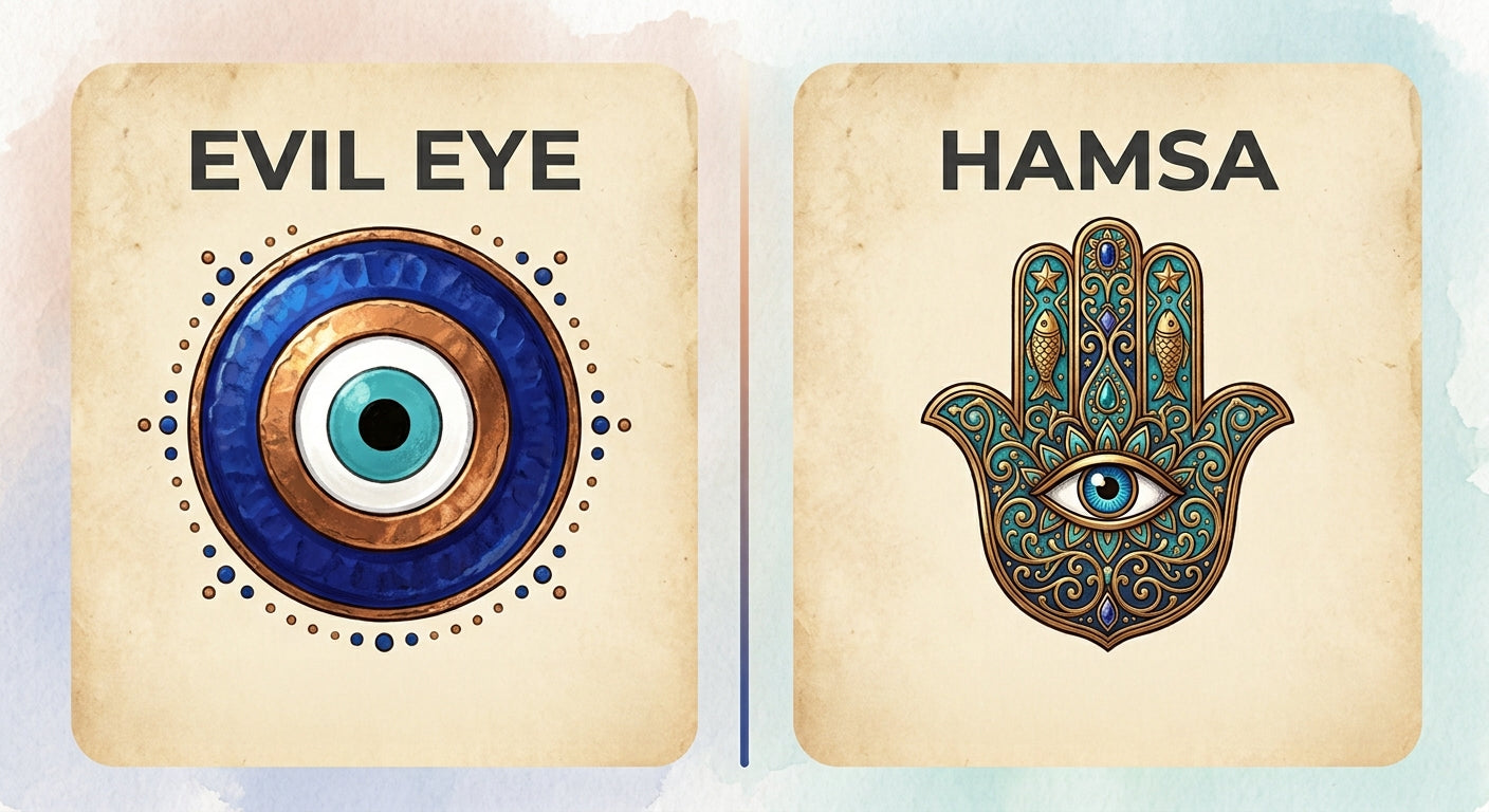 Illustration comparing the nazar evil eye symbol and the Hamsa hand symbol