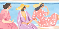 Three Women At the Seaside with Hats and Beach Cover Ups
