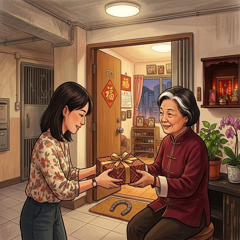 An illustration of a young woman presenting a wrapped gift box with both hands to an elder woman at the doorway of a cozy Hong Kong apartment decorated with traditional Fu characters, orchids, and a city skyline view.