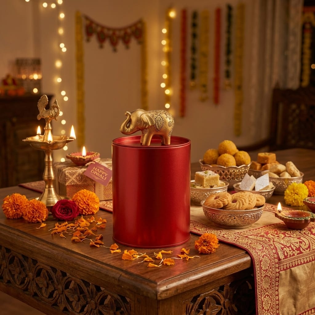 A Diwali celebration table with a red elephant tin, brass diya lamp, marigolds, sweets and fairy lights