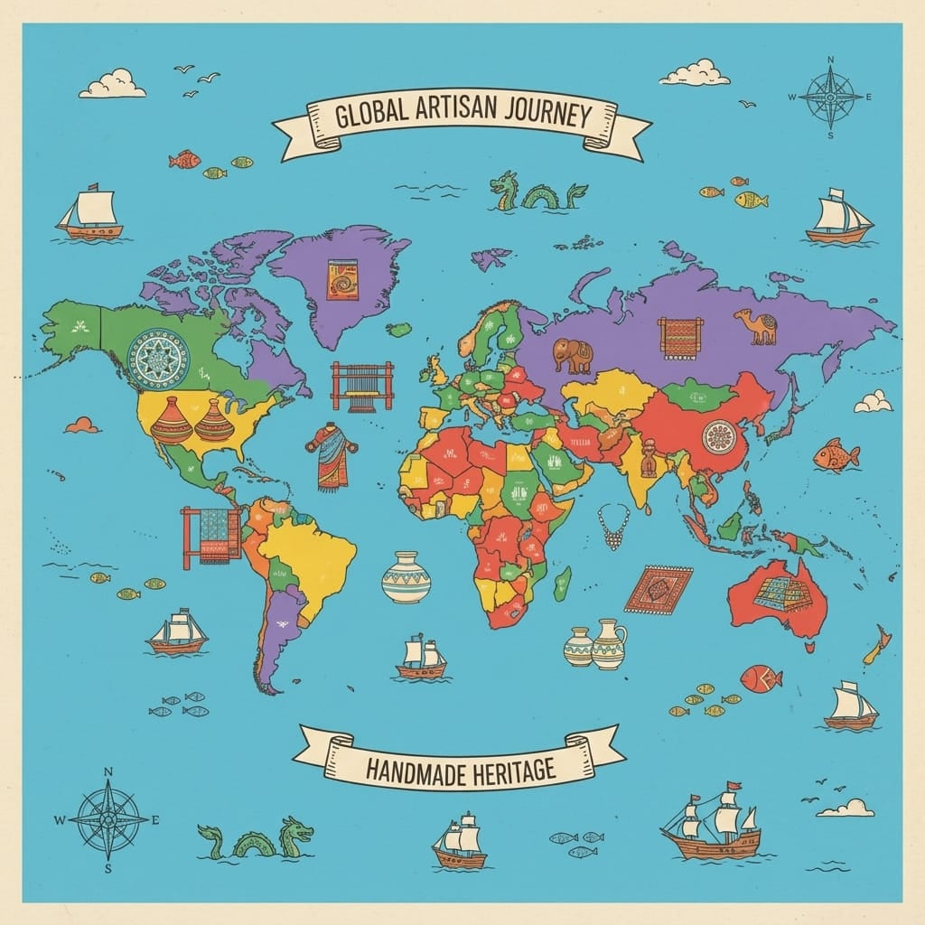 An illustrated vintage-style world map titled "Global Artisan Journey" at the top and "Handmade Heritage" at the bottom, set against a teal ocean background.