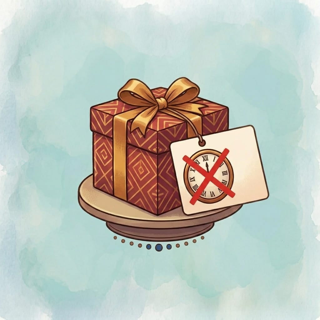 An illustration of a red geometric gift box tied with a gold ribbon, featuring attached gift tag with a clock icon crossed out with a red X set against a light blue watercolor background.