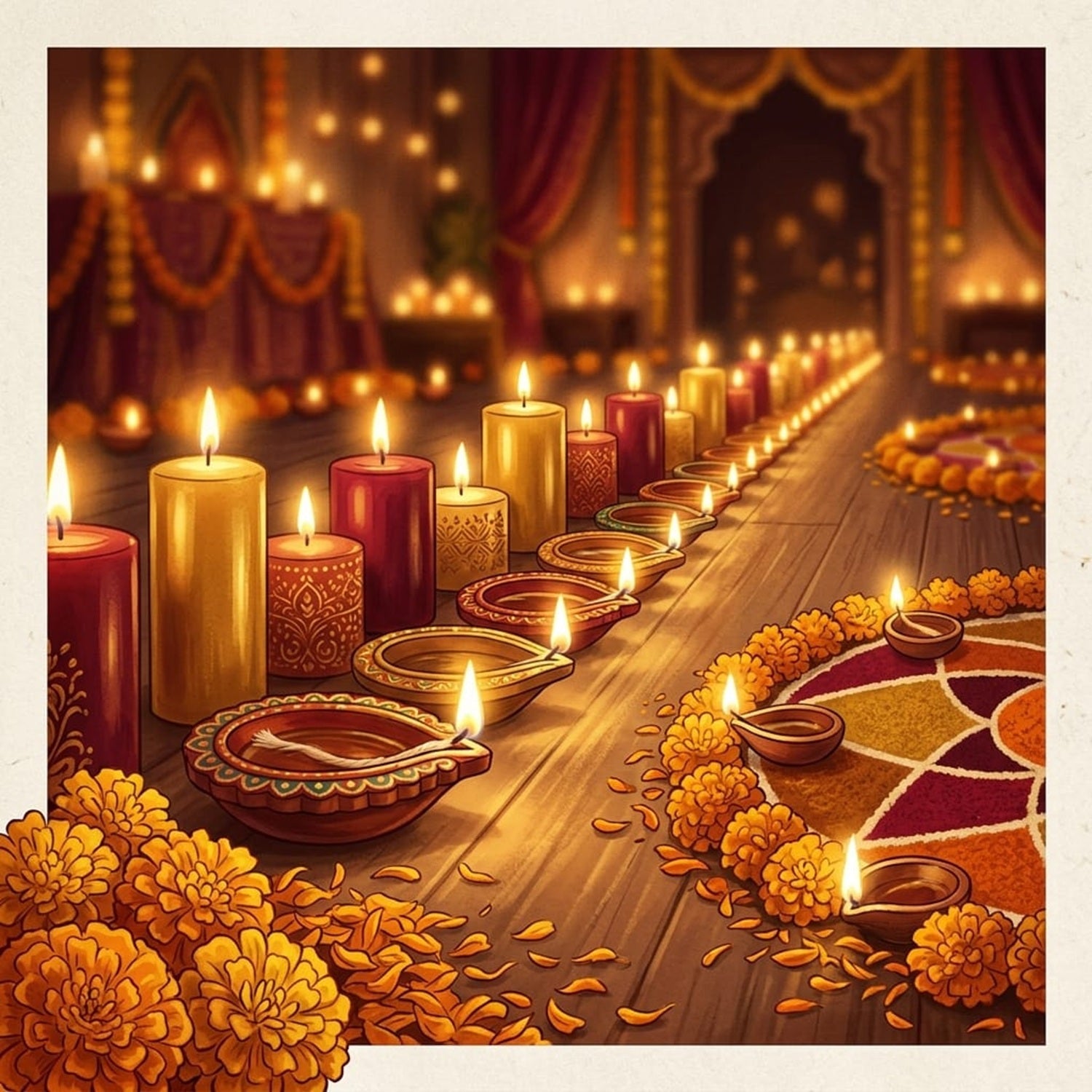 Warmly lit Diwali scene featuring rows of glowing pillar candles, decorated clay diyas, yellow marigold flowers, and a colorful floor rangoli.