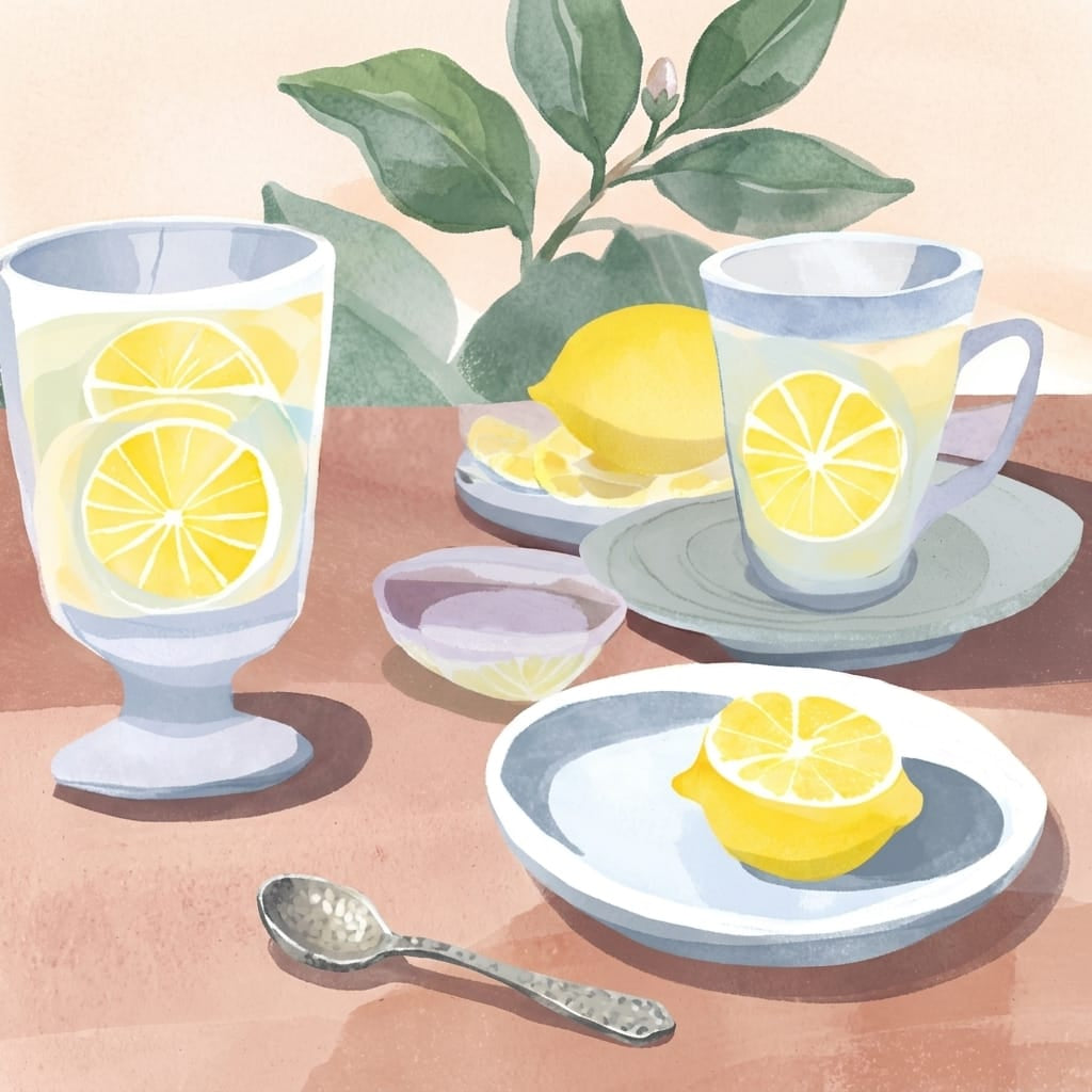 A watercolor illustration of a still life setting for home entertaining. It features a footed glass and a teacup, both with blue rims and sliced lemons inside, alongside various plates holding lemons and lemon slices.
