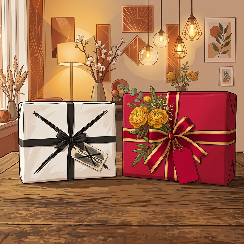 Illustration of two wrapped gifts side by side: a white gift with a black ribbon and a tag reading "discouraged," and a red gift with gold ribbon and marigolds, showing the gift colors to avoid versus the ones to choose.