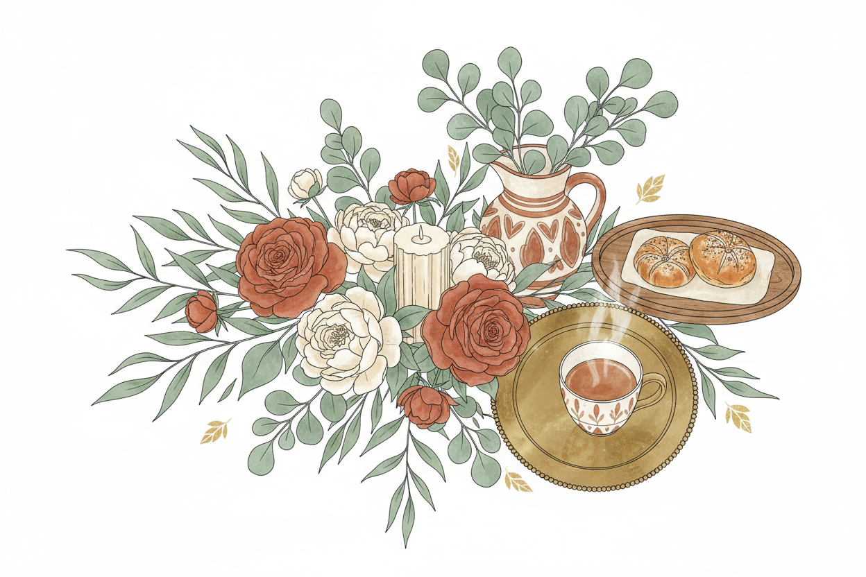 A globally-inspired Mother's Day table scene illustration