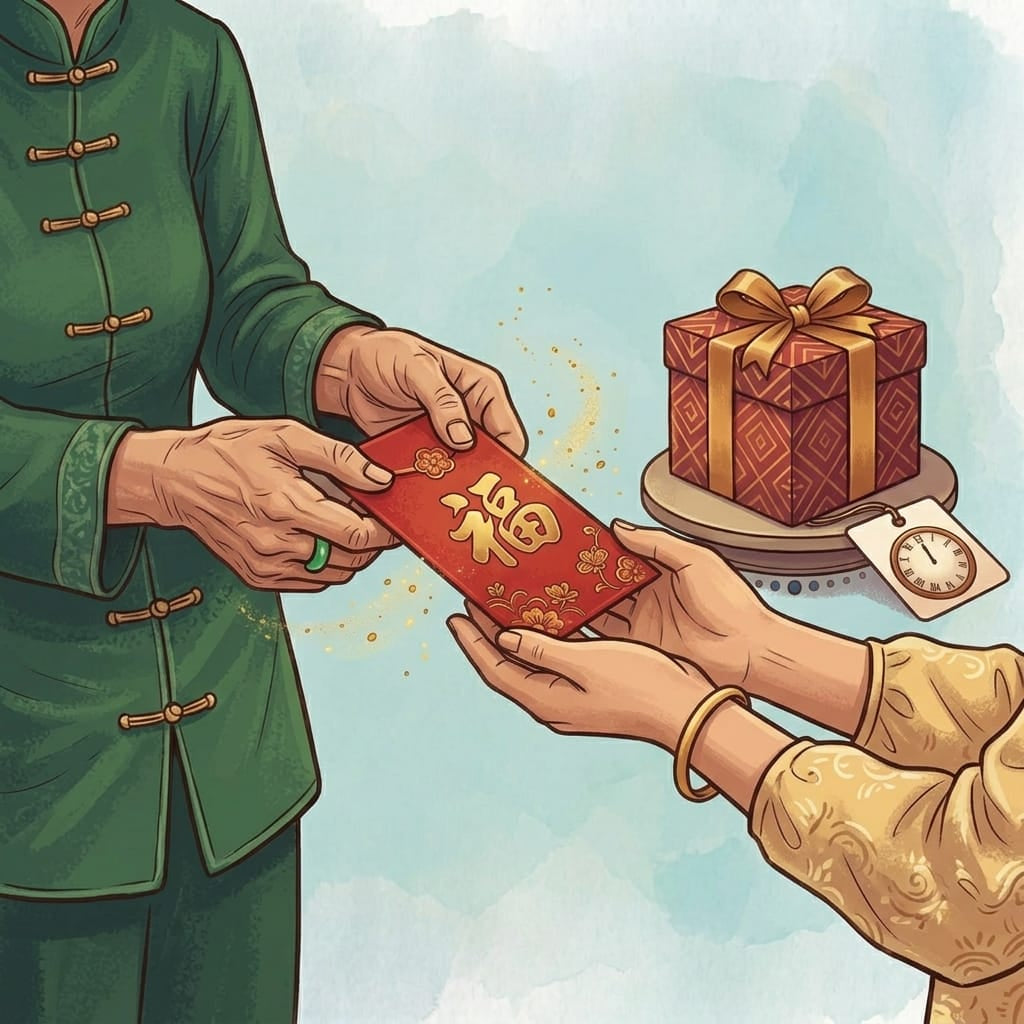 An illustration showing hands in traditional attire exchanging a red lai see envelope with gold detailing and Chinese calligraphy, held respectfully with two hands, set against a soft blue backdrop with a wrapped gift box nearby.
