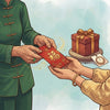 An illustration showing hands in traditional attire exchanging a red lai see envelope with gold detailing and Chinese calligraphy, held respectfully with two hands, set against a soft blue backdrop with a wrapped gift box nearby.