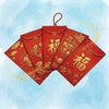 An illustration featuring five red lai see envelopes arranged in a fan shape against a soft light-blue watercolor backdrop.