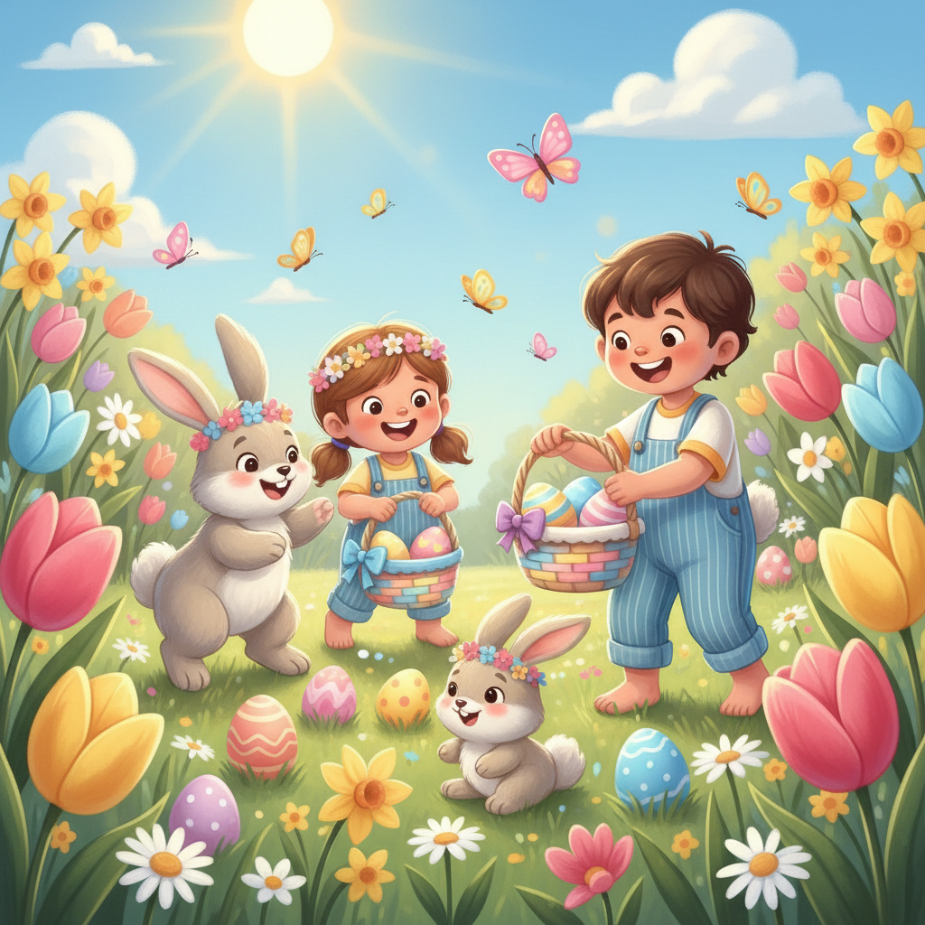 Easter bunny with colorful eggs in a spring garden
