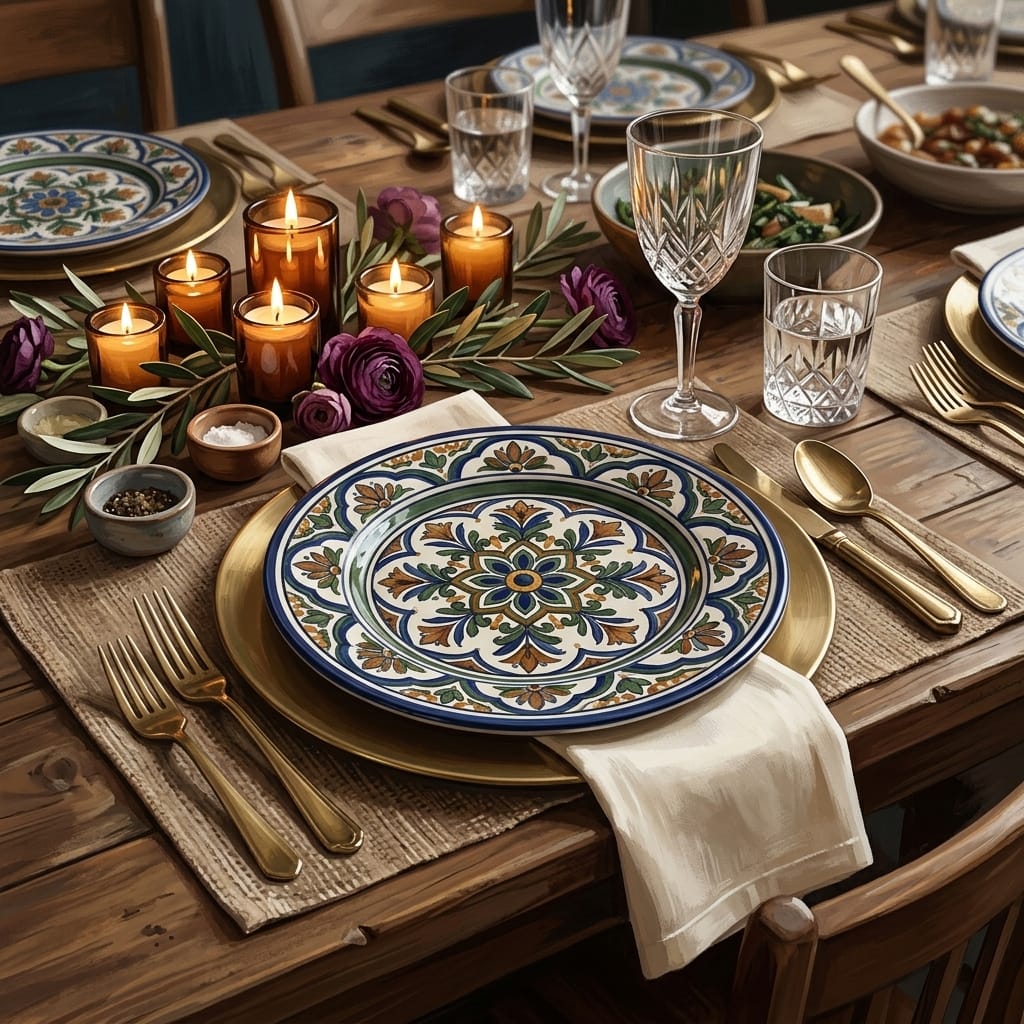 An elegantly set rustic wooden dinner table featuring Mediterranean-style hand-painted ceramic plates with blue, green, and gold medallion patterns.