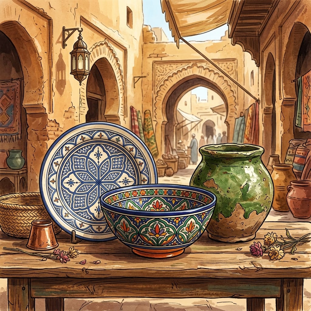 An illustration set in a sunny, historic Moroccan souk, featuring handcrafted Moroccan ceramics displayed on a wooden table.