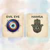A side-by-side visual comparison featuring a traditional circular blue Evil Eye amulet on the left and an ornate, filigree-patterned Hamsa hand symbol on the right.