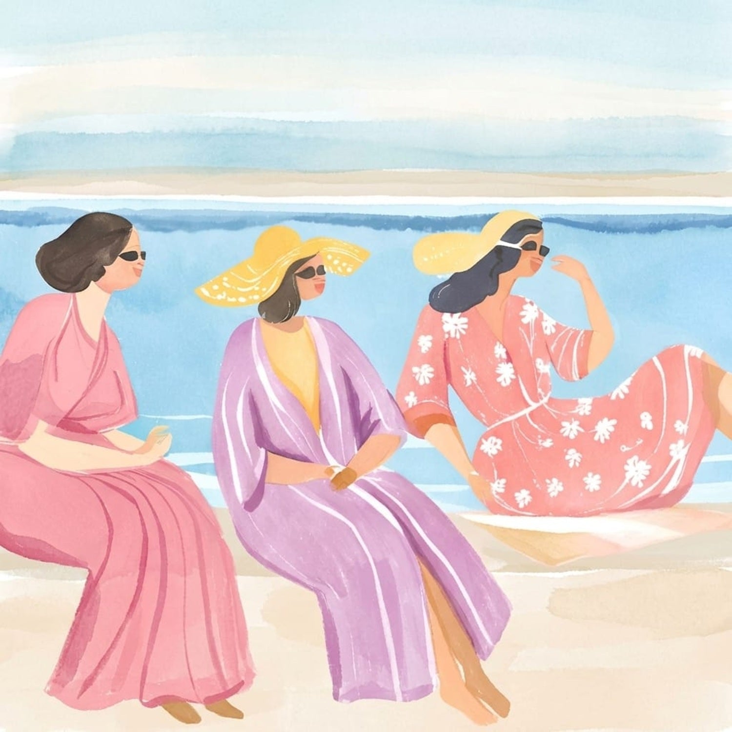 A soft watercolor illustration featuring three stylish women wearing sunglasses and lounging on a beach by the ocean. 