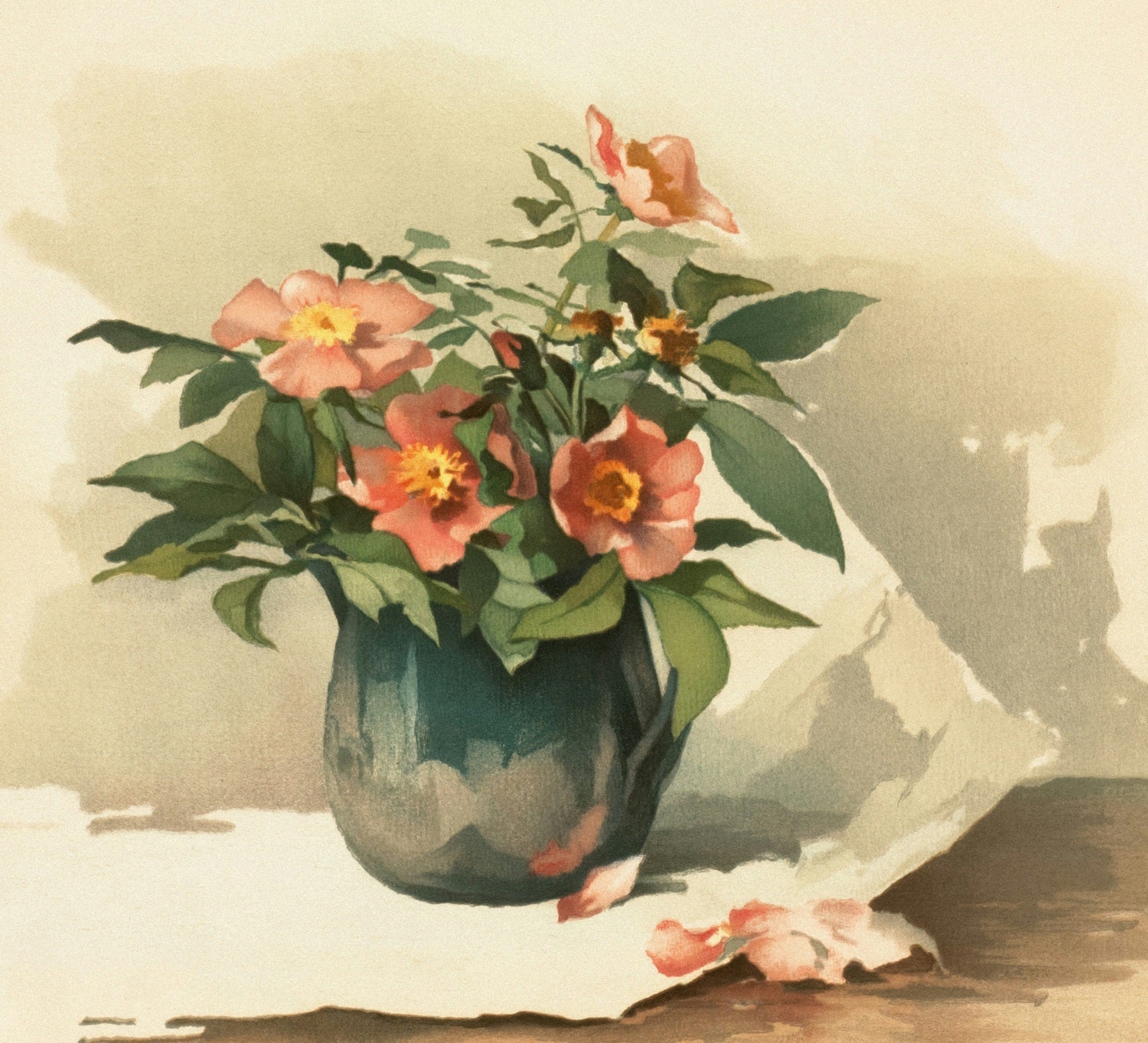Soft painted illustration of pink wild roses in a dark green ceramic vase on a muted background, with scattered fallen petals nearby.