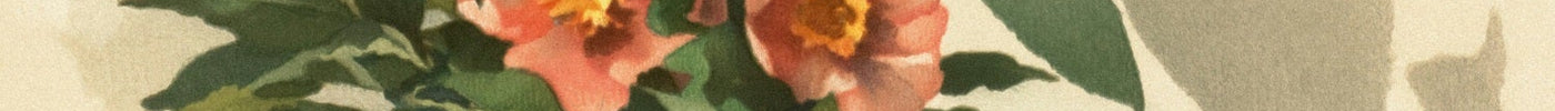 Soft painted illustration of pink wild roses in a dark green ceramic vase on a muted background, with scattered fallen petals nearby.