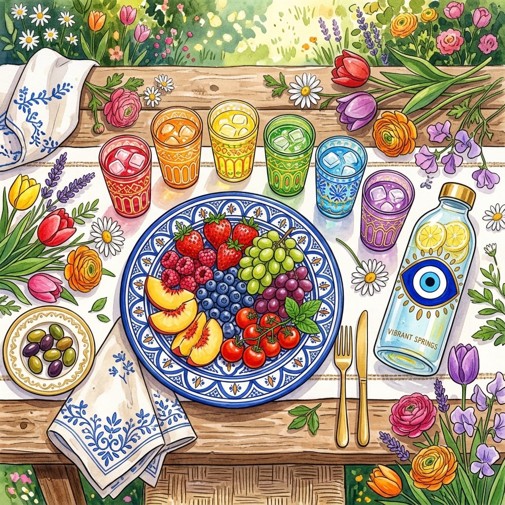 A vibrant, colorful watercolor illustration of an outdoor spring tablescape on a wooden table surrounded by blooming flowers.