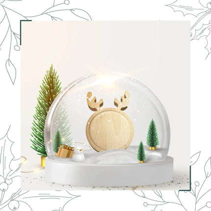 Snowglobe with Casa Duniya Wooden Reindeer Cheeseboard and Christmas Trees