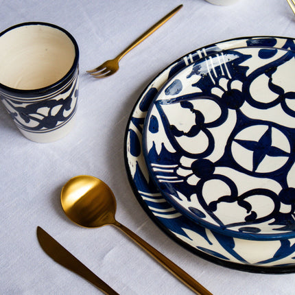 Casa Duniya's Black And White Moroccan Azala Dinner Set with Gold Ruva Cutlery
