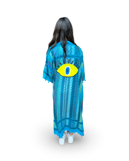 Hand-Painted Multi-Colored Blue Kaftan with Yellow Evil Eye