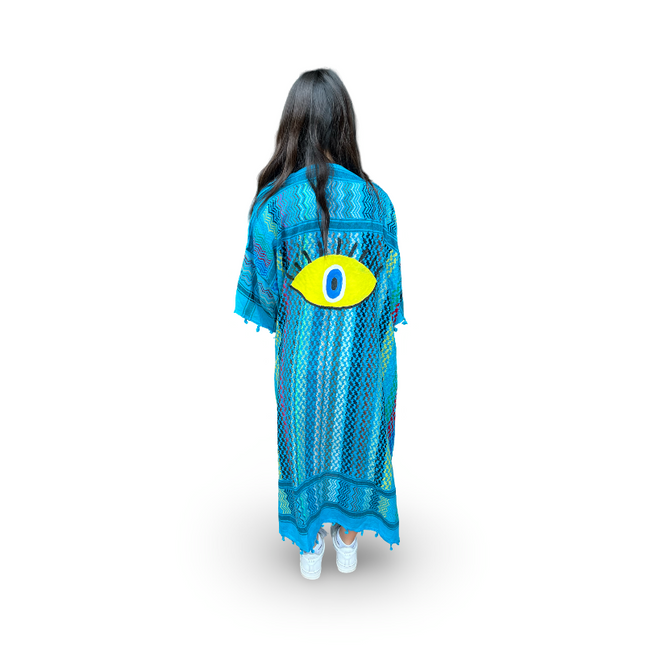 Hand-Painted Multi-Colored Blue Kaftan with Yellow Evil Eye