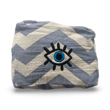 Load image into Gallery viewer, Blue and White Embroidered Evil Eye Cosmetic Pouch
