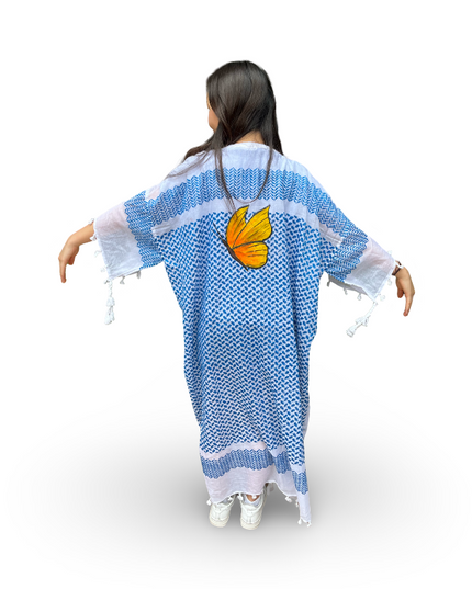 Hand-Painted Blue Kaftan with Orange Butterfly