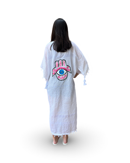 Hand-Painted White Kaftan with Pink Hamsa