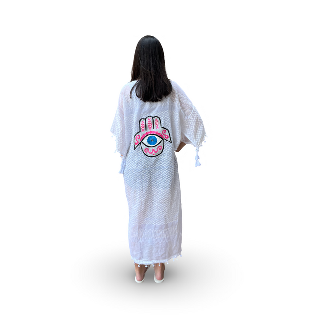 Hand-Painted White Kaftan with Pink Hamsa