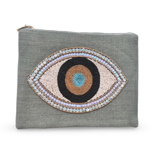 Load image into Gallery viewer, Gray Jute Beaded Evil Eye Pouch
