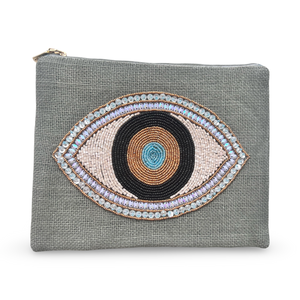 Gray Jute Beaded Evil Eye Pouch