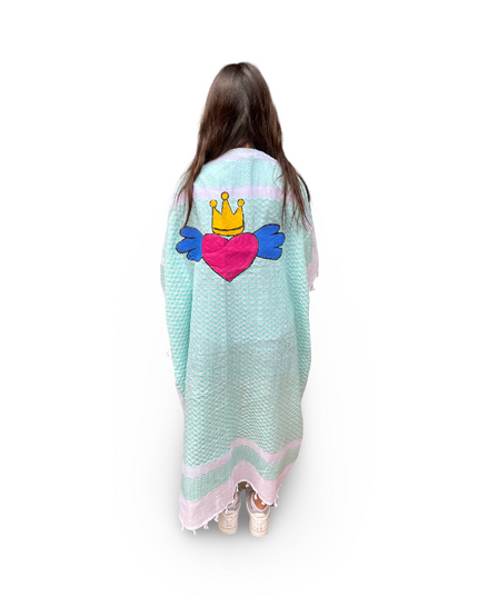 Hand-Painted Aqua Kaftan with Pink Heart Crown Wings