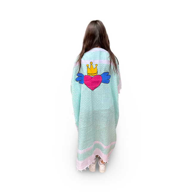 Hand-Painted Aqua Kaftan with Pink Heart Crown Wings