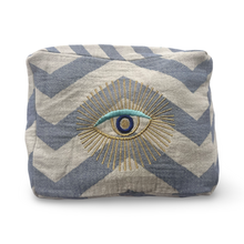 Load image into Gallery viewer, Blue and White Embroidered Evil Eye Cosmetic Pouch
