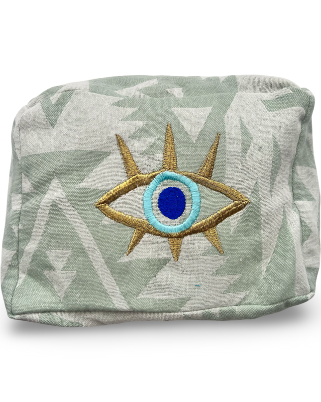 Green Evil Eye Nazar Embroidered Cosmetic Pouch