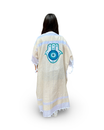 Hand-Painted Yellow Kaftan with Turquoise Hamsa
